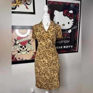 100% Silk Tan & Brown Leopard Print Wrap Midi Dress